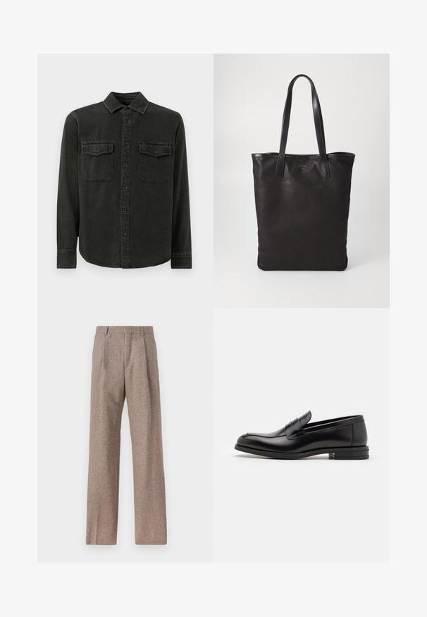 Camisa verde escura de botão, feita de um tecido suave, com colarinho, dois bolsos no peito, mangas longas e bainha reta.; Calças castanhas de cintura alta feitas de tecido texturado. Apresentam pernas largas e duas pregas frontais para estrutura. Acabamento cuidadoso sem hardware visível.; Mocassins de couro preto com uma textura suave, bico arredondado e uma faixa decorativa sobre o peito do pé. Salto baixo e empilhado, design minimalista.; Saco de lona preto com alças de couro pretas. Design simples, corpo espaçoso e textura suave. Sem logótipos ou padrões visíveis.