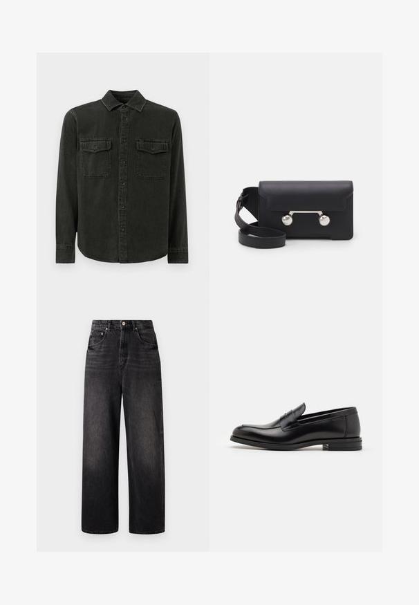 Fekete farmering, elöl gombos, gallérral, két mellzsebbel, hosszú ujjú és enyhén ívelt hemline-nel.; Fekete farmernadrág laza szabással, magas derékkal, öt zsebbel és látható gombos záródással. Finom kopásnyomokkal és egyenes lábszabással rendelkezik.; Fekete bőr loaferek sima textúrával, kerek orral és dekoratív pánttal a vampnál. Alacsony, rétegelt sarkú, minimalista dizájn.; Fekete bőr keresztpántos táska hajtókával, ezüst színű kiegészítőkkel és két kerek díszítéssel. Levehető pánttal rendelkezik. Simább textúrájú.