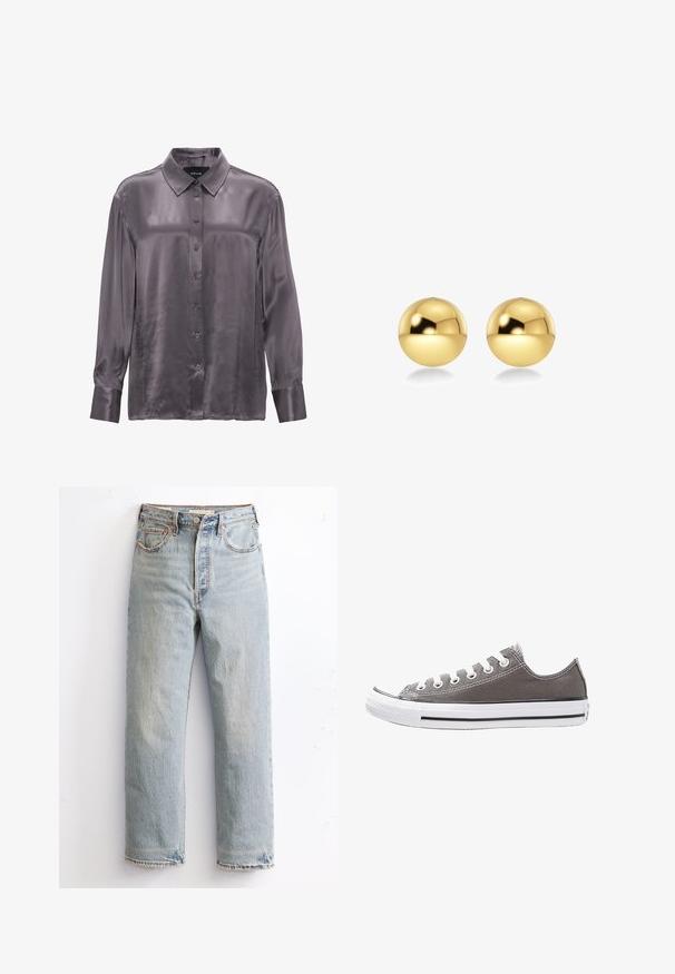 Long-sleeve shirt in a rich gray, made from smooth, lustrous fabric. Features a classic collar and button-down front, with cuffs at the sleeves.; Light blue denim jeans with a straight leg design, featuring distressed hem, copper rivets, and a classic five-pocket style.; Gray canvas sneaker with white rubber sole, black stripe, and metal eyelets. Features round toe, low-top design, and textured fabric.; Gold-colored spherical earrings with a shiny, reflective surface. The design is simple and smooth, creating a modern, minimal look.