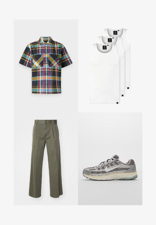 Īsām piedurknēm pārbaudīta krekls ar krāsu sajaukumu, tostarp purpursarkano, melno, dzelteno un teātra toni, ar divām krūšu kabatām un pogu aizdari.; Trīs baltas ribotas krūšturi, kas izgatavoti no kokvilnas. Iezīmēti ar apaļu kakla izgriezumu un maziem melniem etiķetēm tuvu apakšmalai. Pieejami vairākos izmēros.; Olīvu zaļi bikses ar brīvu, plašu kāju dizainu un priekšējiem krokiem. Izgatavotas no teksturēta auduma ar standarta jostasvietu un bez redzamām metāla daļām.; Pelēkie sporta apavi ar tīkla un zamša augšdaļu, baltiem akcentiem, mīkstinātu zoli un izcilu dizainu ar atstarotājiem.