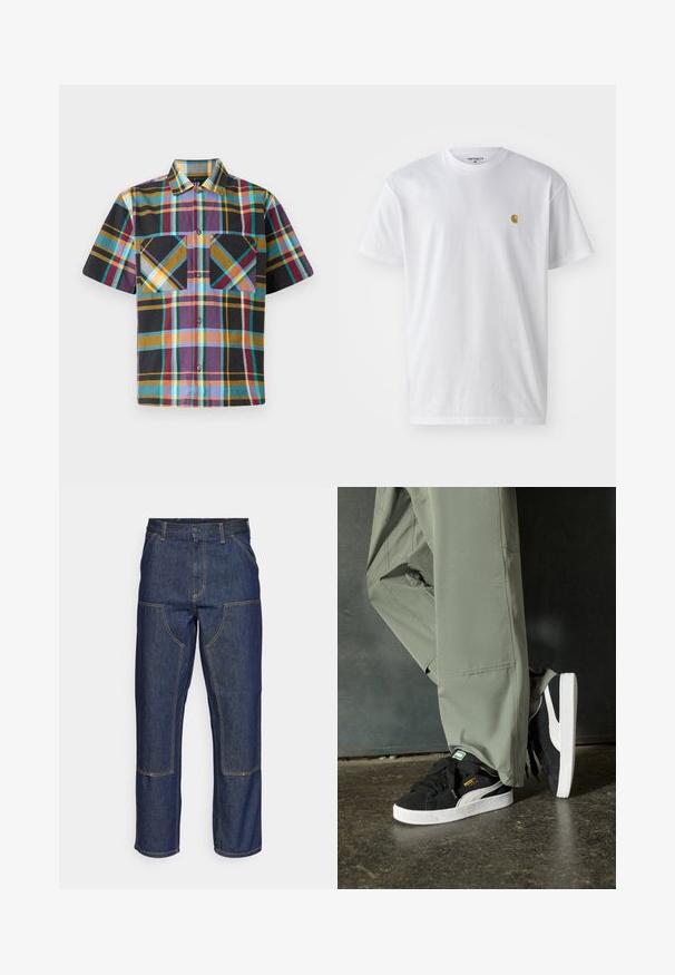 Lühikeste varrukatega ruuduline särk, mis sisaldab mitmeid värve, sealhulgas lilla, must, kollane ja teal, kahte rinna taskut ja nupuga esiosa.; Valge puuvillane t-särk lühikeste varrukatega, ümmargune kaelus, millel on väike kuldne logo vasakul rinnal. Pehme tekstuur ja regulaarne lõike.; Tumedast sinisest denimmaterjalist teksad kõrge talje, sirge sääre disainiga, kontrastsete õmblustega ning ees taskud plaastritega.; Mustad nubukist spordijalatsid valgete kummist tallade ja külgriidega, koos heleda rohelise cargo-pükstega, seistes tekstureeritud tumedal pinnasel.