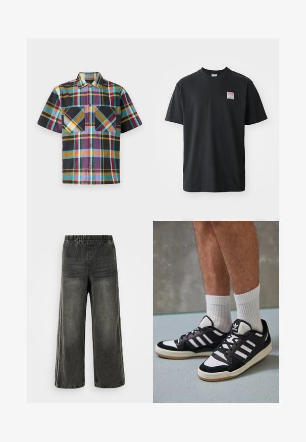 Košile s krátkým rukávem v kostkovaném vzoru, obsahující mix barev včetně fialové, černé, žluté a tyrkysové, s dvěma náprsními kapsami a zapínáním na knoflíky.; Černé bavlněné tričko s kulatým výstřihem, krátkými rukávy a malou barevnou nálepkou na levé straně hrudi, která nese slovo "SUPERIOR."; Černé prané denimové kalhoty s elastickým pasem a širokými nohavicemi, s jemnými vertikálními švy na bocích.; Černobílé tenisky s vrchní částí z semišové a kožené kůže, včetně tří bílých pruhů, perforovaného špičky a podrážky z gumy.