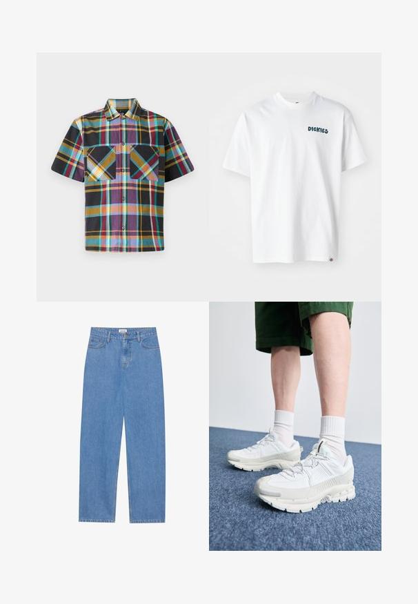 Īsām piedurknēm pārbaudīta krekls ar krāsu sajaukumu, tostarp purpursarkano, melno, dzelteno un teātra toni, ar divām krūšu kabatām un pogu aizdari.; Balts kokvilnas T-krekls ar īsām piedurknēm, uz kura priekšpuses ir zaļš teksts "DICKIES". T-krekls ir taisnstūrveida un tam ir neliela logotipa birka uz apakšmalas.; Gai zili džinsi ar taisnu piegriezumu, piecu kabatu dizainu, vienu pogu aizdari un diskrētu šuvju detaļu.; Baltas sporta apavi ar teksturētām detaļām, masīvu zoli un pelēkiem akcentiem. Valkāti ar baltiem zeķu pēdu apģērbiem un zaļām šortiem uz zilas virsmas.