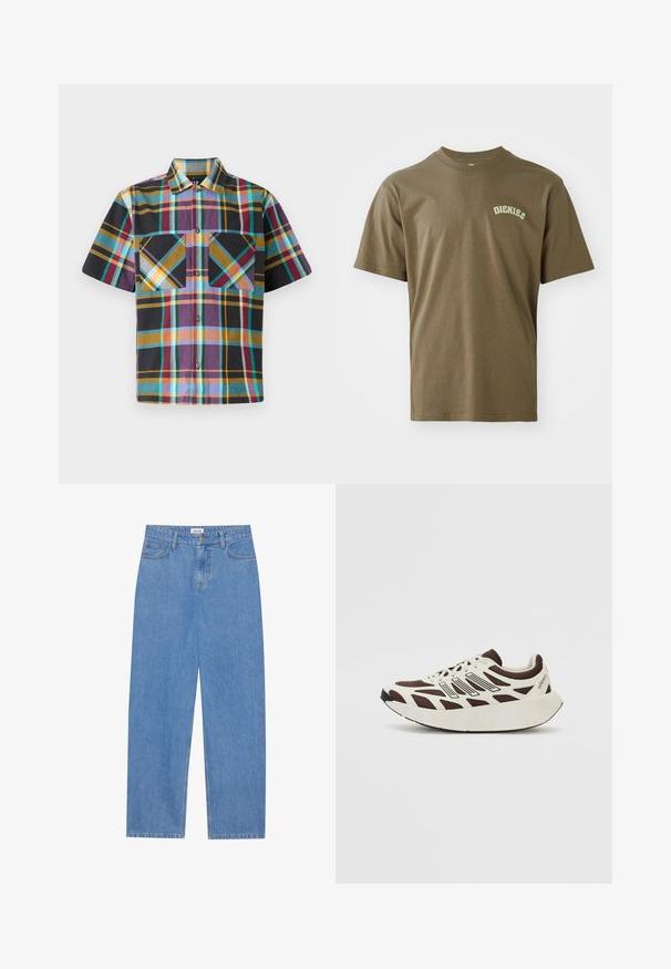 Kortärmad rutigt skjorta med en blandning av färger inklusive lila, svart, gul och teal, med två bröstfickor och knappslå framtill.; Olivgrön bomullströja med korta ärmar, rund hals och en liten vit "Dickies"-logotyp tryckt på vänster bröst. Slät textur.; Ljusblå denimjeans med rak passform, femficksdesign, enkel knappknäppning och subtila stygn detaljer på sömmarna.; Bruna och krämfärgade sneakers med ett meshuppifrån, texturerade överdrag och en rund, tjock vit sula. Har en låg profil på tungan och snörning.