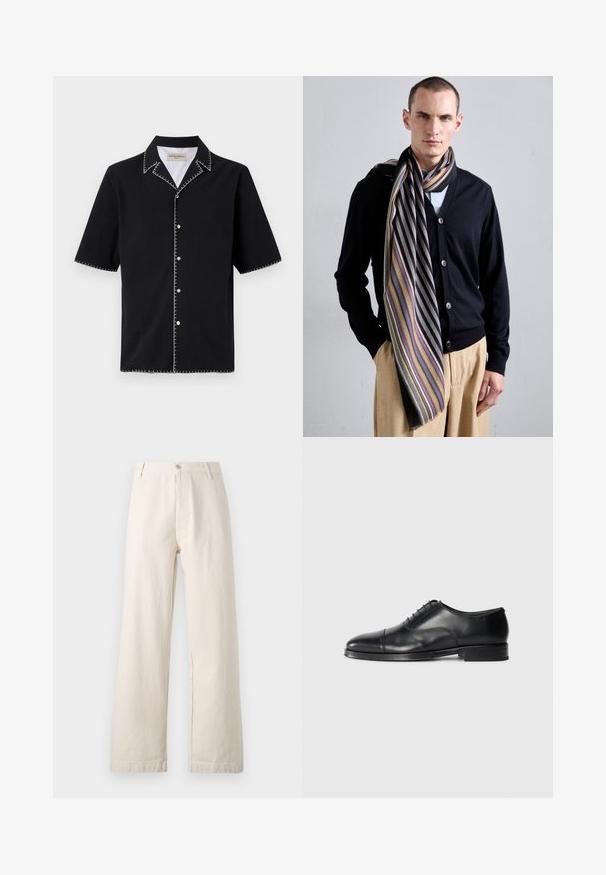 Juoda trumpa rankovė marškinėliai su apykakle, turintys baltą kontrastingą siuvinėjimą palei kraštus ir mygtukus priekyje. Tekstūruota medžiaga.; Kreminės plačios kelnių kelio iš medvilnės. Turi priekinį mygtuko užtrauktuką, diržo kilpeles ir švarų, paprastą dizainą su tekstūruotu paviršiumi.; Juodos odinės suknios bateliai su apvaliu pirštu, lygia tekstūra, raištelių dizainu ir subtilia siūlų detale, turintys žemą, plokščią kulną.; Juodas kardiganas su mygtukų užsegimu, derinamas su dryžuota skara, pasižyminčia ryškiomis spalvomis ir raštais, neoficialiai užmestas ant šviesios marškinėlių ir beigių kelnės.
