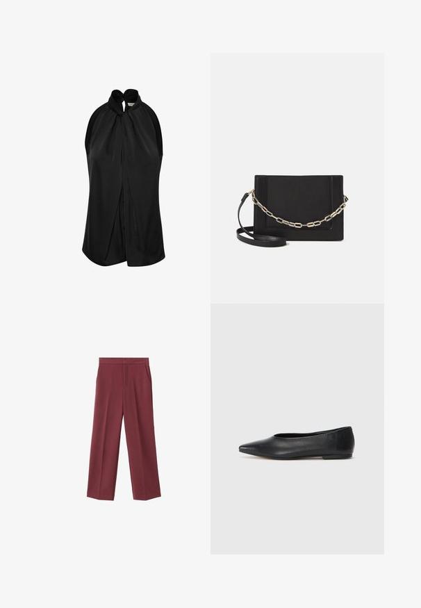 Black sleeveless top featuring a halter neck with a knot detail, soft fabric, and a draped design that flows loosely from the shoulders.; Maroon wide-leg trousers with a smooth texture, featuring side pockets and a high waist design. Tailored with a clean front crease.; Black leather ballet flat, pointed toe, minimalistic design, smooth texture, low-profile heel, no visible hardware or embellishments.; Black leather crossbody bag featuring a smooth texture, rectangular shape, and a metallic chain detail on the front. Adjustable strap included.