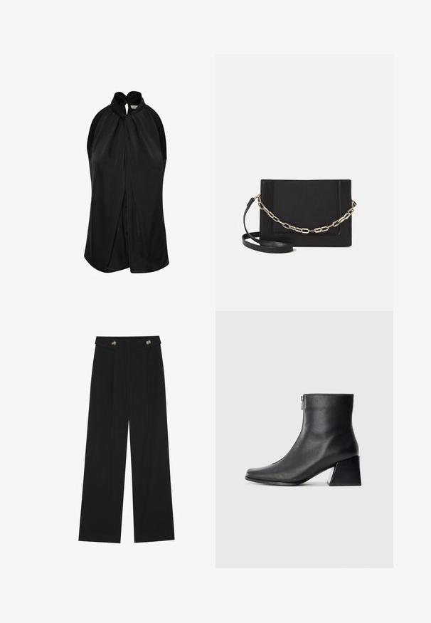 Svart ärmlös topp med halterneck och knutdetalj, mjukt tyg och en draperad design som flödar löst från axlarna.; Svarta vida byxor med hög midja, knäppdetaljer i midjan och framfickor.; Svart läderankelboot med fyrkantig tå, sidodragkedja och klack mot en enkel ljus bakgrund.; Svart läder crossbody-väska med en slät yta, rektangulär form och metallickedjedetalj på framsidan. Justerbar rem ingår.