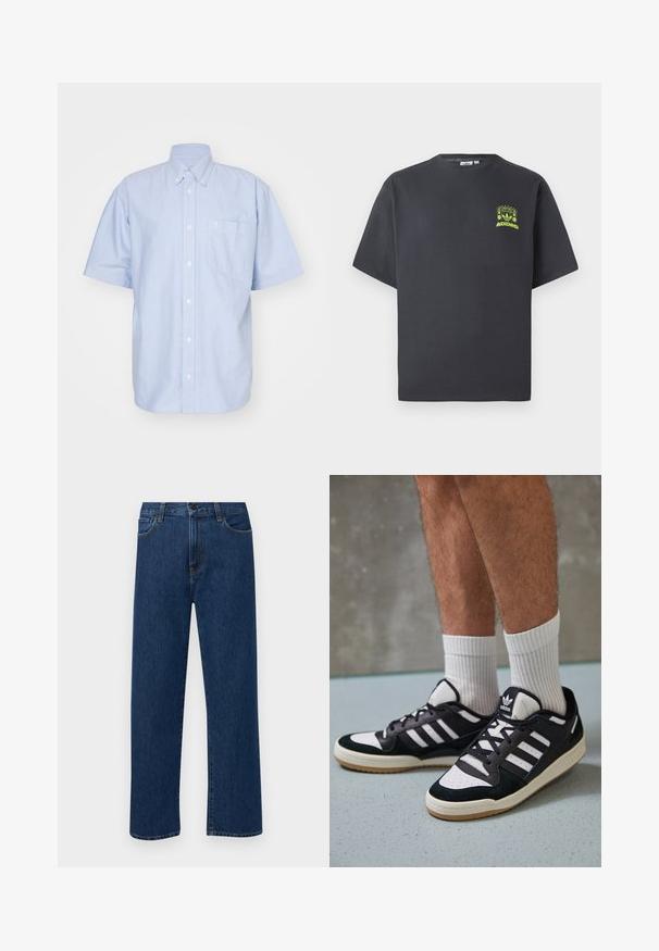Lichtblauw overhemd met korte mouwen van katoenen stof. Heeft een kraag en een borstzak. Eenvoudig, effen ontwerp.; Koolgrijze Adidas T-shirt met korte mouwen en een kleine neon groene graphic van luidsprekers, zon en het Adidas-logo op de linkerkant van de borst.; Donkerblauwe rechte denim jeans met frontzakken en een knoopsluiting, weergegeven op een effen witte achtergrond.; Zwart-witte sneakers met een bovenwerk van suede en leer, voorzien van drie witte strepen, een geperforeerde neus en een rubberen gumzool.