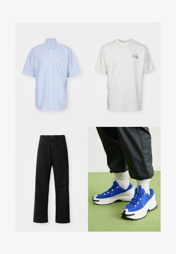 Heleda sinine lühikeste varrukatega nööbiga särk puuvillast kangast. Omab kraed ja esi-taskut. Lihtne, ühevärviline disain.; Valge puuvillane T-särk, millel on vasakul rinnal tikitud pruun Nike logo. Laisk lõige, lühikesed varrukad ja ümmargune kaelus.; Mustadest denimist püksid sirge lõikega, mis sisaldavad ees taskuid, lukufliisi ja ühte ülemist nööpi. Tekstureeritud kangas mati viimistlusega.; Sinine ja valge sportlik jalats koos tekstuurse kangaga, silmapaistva kummitald ja mustade aktsentidega. Omab paelu ja pehmendatud disaini.