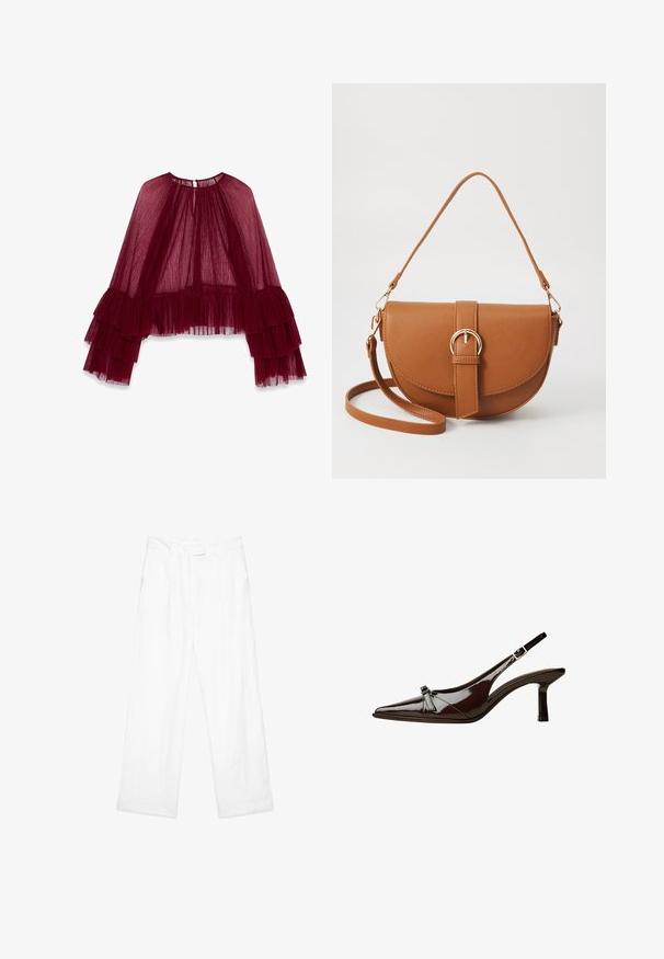 Bordeaux prosojni top z visokim ovratnikom, plastežno nabranim dizajnom in razširjenimi rokavi z nabranimi poudarki. Teksturirano blago.; Beli laneni hlače z ohlapnim krojem, ravnimi nogami, sprednjimi žepi in ravnim pasom. Gladka tekstura po celotni površini.; Rjave lakirane slingback čevlje z oglatim nosom, nizko peto in dekorativno pentljo na sprednji strani. Gladka, sijoča tekstura.; Rjava usnjena torbica prek telesa s ukrivljeno obliko, zlate opreme in sponko. Ima odstranljiv naramni trak.