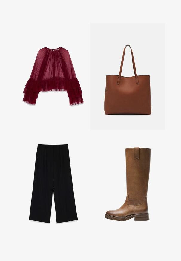 Burgunderfarbener transparenter Oberteil mit hohem Kragen, geschichteter, plissierter Gestaltung und weit ausgestellten Ärmeln mit Rüschendetails. Texturiertes Material.; Schwarze weit geschnittene Hose aus glattem Stoff, mit Falten an der Vorderseite, mittelhohem Bund und ohne sichtbare Verschlüsse oder Verzierungen.; Braunes Leder-Knöchelhochstiefel mit abgerundetem Zeh, strukturiertem Obermaterial und niedrigem, gestapeltem Absatz. Verfügt über ein seitliches Einsätzen und eine Ziehschlaufe an der Oberseite.; Braune Leder-Tote mit glatter Textur, offenem Oberteil und zwei Schulterriemen. Verfügt über minimale Nähte und keine sichtbaren Beschläge.