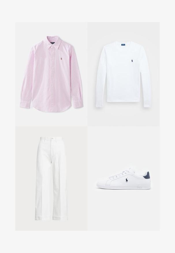 Camisa de botão de manga longa listrada em rosa e branco, com colarinho clássico e um pequeno logótipo bordado no peito.; Camisa de manga longa branca, em material de algodão, com decote redondo, apresentando um pequeno logótipo azul-marinho no lado esquerdo do peito. Design simples, ajuste regular.; Calças brancas de perna larga com uma cintura alta, apresentando um fecho de botão e detalhes de costura discreta. Feitas de algodão com uma textura suave.; Tenis brancos de couro com um acabamento suave, detalhes em azul marinho e um pequeno logotipo na lateral. Possui atacadores planos e sola de borracha texturizada.