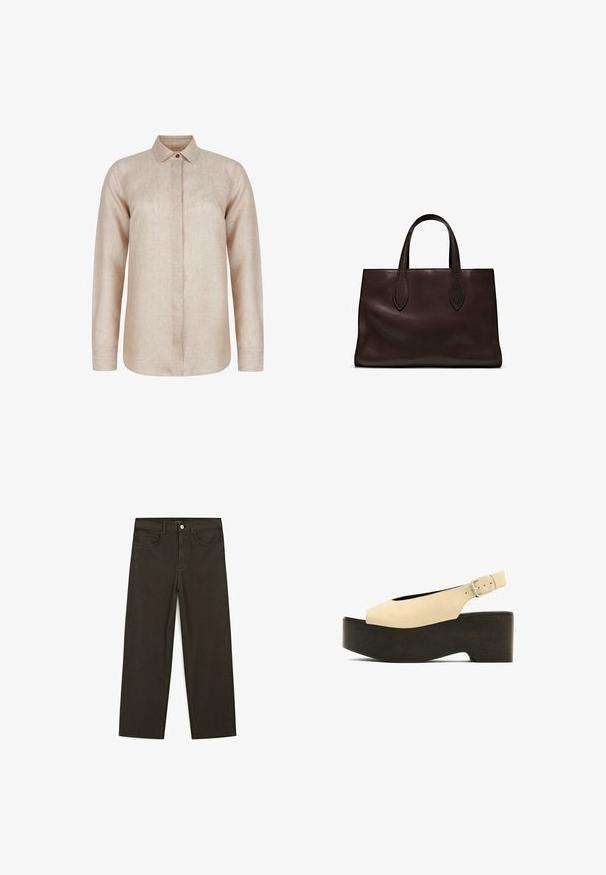 Beige linned skjorte med lange ærmer, spids krave, knaplukning foran og en let buet kant. Har en struktureret stoffinish.; Mørkegrønne brede jeans lavet af en bomuldsblanding, med en frontlukning med knap, fem lommer og klassisk denim-syning.; Beige ruskindsplatformsandaler med åben tå, slingback-design og en mørk trælignende bund, der har en metalspænde til justering.; Brun læder tote bag med to forlængede håndtag, struktureret rektangulær form, glat overflade og subtile syninger.
