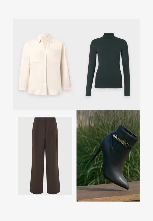 Chemise en lin beige clair avec un col, patte de boutonnage à cinq boutons et deux poches avant. Dotée de manches longues et d'une coupe décontractée.; Haut à col roulé à manches longues de couleur vert foncé avec une silhouette ajustée sur un fond blanc uni.; Pantalons larges marron en tissu lisse. Dotés de plis à l'avant et d'une taille cintrée avec passants de ceinture pour ajustement.; Bottine noire à talons hauts avec un bout pointu et un détail de boucle en or, exposée sur une surface en bois avec un arrière-plan de feuillage vert.