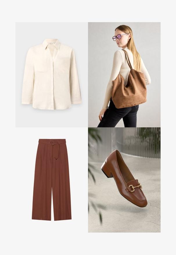 Lys beige lin skjorte med krage, fem knapper foran og to frontlommer. Har lange ermer og avslappet passform.; Bredde bukser i brunt stoff, med belte med firkantet spenne, plisserte design og myk tekstur.; Brun lakkert skinn loafer med firkantet tå, metallkjedeakkent, og lav blokkheel; glatt tekstur, minimalistisk design.; Brun semsketotebag med myk tekstur, stor åpning og lange stropper. Har et enkelt design med synlig søm og uten maskinvare.