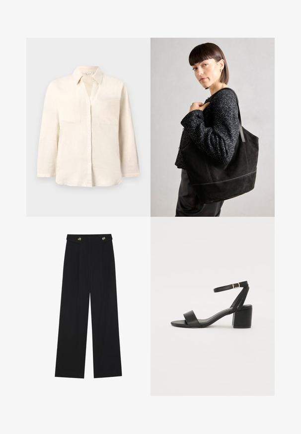 Light beige linen shirt with a collar, five button placket, and two front pockets. Features long sleeves and a relaxed fit.; Black wide-leg trousers with high waist, button details on waistband, and front pleats.; Black heeled sandal featuring a smooth leather upper, an open toe, wide front straps, and adjustable ankle strap with a gold buckle detail.; Black suede tote bag with a smooth texture, structured shape, and contrasting stitching. Features long straps for shoulder carry.