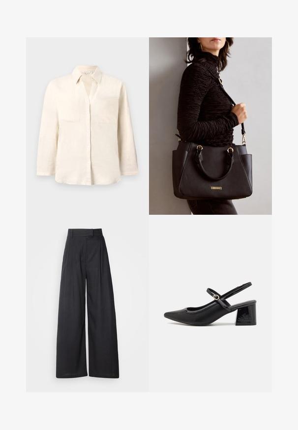 Lys beige linned skjorte med krave, fem knaplukninger og to forlommer. Har lange ærmer og en afslappet pasform.; Mørke, vide bukser med en struktureret talje og læg. Fremstillet af letvægtsstof, der har en glat tekstur og ingen synlige mønstre.; Sorte patentlæder slingback hæle med spids tå, rund udskæring og blokhæl. Har en guldtonet spændeaccents.; Sort håndtaske med struktureret overflade, dobbelt topbærere og justerbar skulderrem. Udstyret med guldfarvet metalhardware og sidelommer.