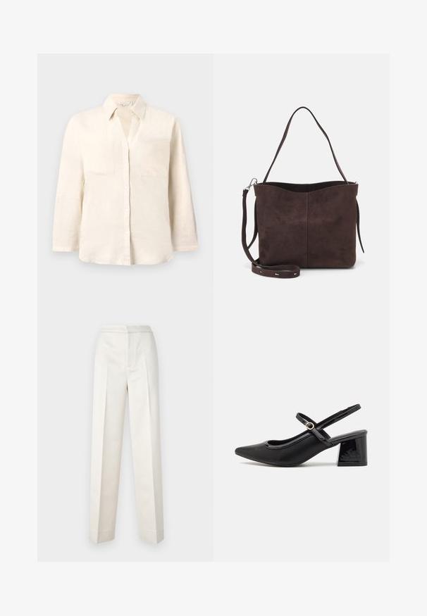 Light beige linen shirt with a collar, five button placket, and two front pockets. Features long sleeves and a relaxed fit.; Cream-colored trousers with a tailored fit, featuring a straight leg, smooth fabric, front pleats, and clean hem. Minimalist design.; Black patent leather slingback heels with a pointed toe, a rounded cutout design, and a block heel. Features a gold-tone buckle accent.; Brown suede tote bag with a soft texture, featuring a single shoulder strap and a subtle curved top opening. No visible hardware details.