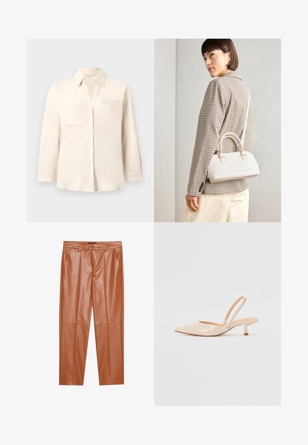 Light beige linen shirt with a collar, five button placket, and two front pockets. Features long sleeves and a relaxed fit.; Brown faux leather trousers with a tailored fit, featuring front pleats and straight legs. Smooth texture with no visible hardware or accents.; Beige patent leather slingback heels with pointed toe and a slim, square heel. Smooth texture and minimalist design with no embellishments.; White structured handbag with short handles and a shoulder strap, featuring gold hardware accents and textured material, displayed against a grey background.