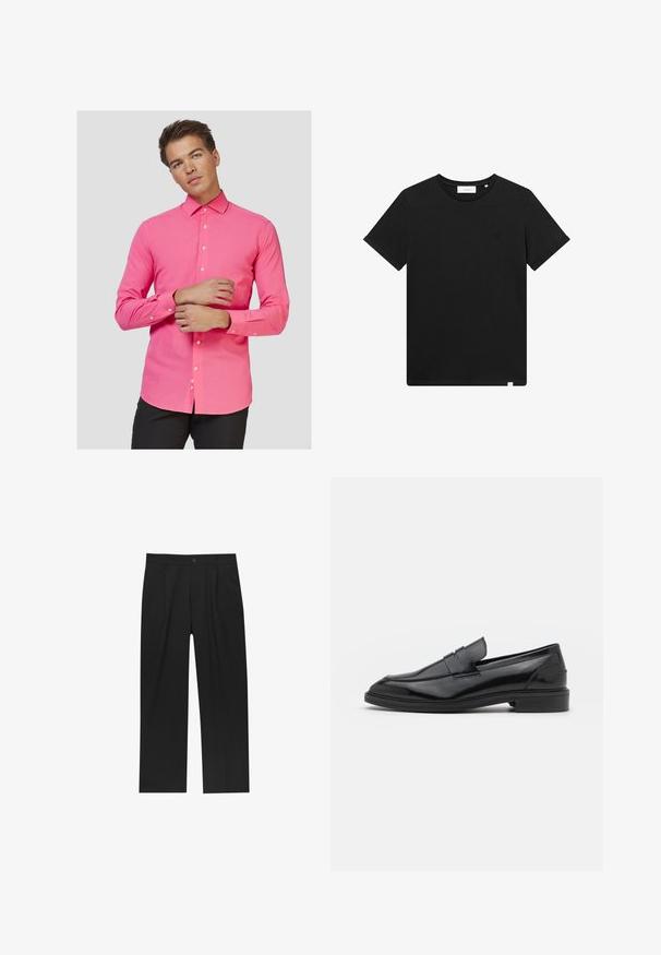 Różowa koszula z długim rękawem i kołnierzykiem na guziki, charakteryzująca się slim fit, gładką fakturą oraz białymi guzikami z przodu i przy mankietach.; Czarna koszulka z krótkim rękawem wykonana z bawełny, z okrągłym dekoltem i małym logo haftowanym na piersi. Gładka tekstura, standardowy krój.; Czarne spodnie o prostym kroju, wykonane z gładkiego materiału. Posiadają zakładki z przodu i pojedyncze zapięcie na guziki w pasie.; Czarne skórzane mokasyny o gładkim wykończeniu, z zaokrąglonym noskiem i wąskim paskiem na górze. Niski, warstwowy obcas.