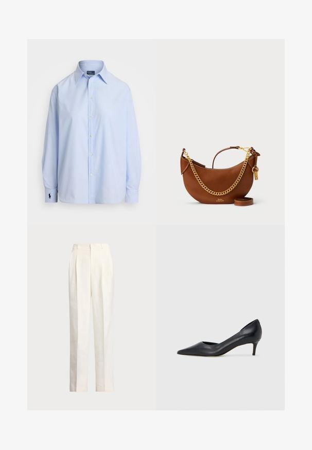 Světle modrá košile na knoflíky z bavlny, s dlouhými rukávy, klasickým límečkem a malým vyšitým logem na levém manžetovém okraji.; Polo Ralph Lauren HEMP WIDE LEG PANT - Kalhoty - nevis; Černá kožená lodička s špičatou špičkou a nízkým podpatkem. Má hladkou texturu a jemný lesk. Přední část je otevřená pro zvýraznění detailu.; Hnědá kožená kabelka s zakřiveným designem, zlatým řetízkem, vnitřní kapsou a odnímatelným ramenním popruhem. Obsahuje kontrastní prošívání.