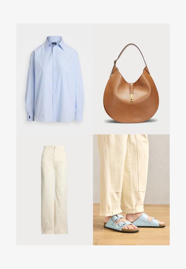 Camisa azul clara de botão, feita de algodão, com mangas longas, colarinho clássico e um pequeno logótipo bordado no punho esquerdo.; Polo Ralph Lauren COTTON CORDUROY WIDE-LEG PANT - Calças - warm white; Sandálias abertas de dedo de cor azul clara com fivelas duplas, palmilha de cortiça e sola de borracha preta, combinadas com calças largas de cor creme.; Bolsa de couro castanha com uma forma curvada e uma alça larga. Apresenta um detalhe em metal dourado no centro e uma textura suave.