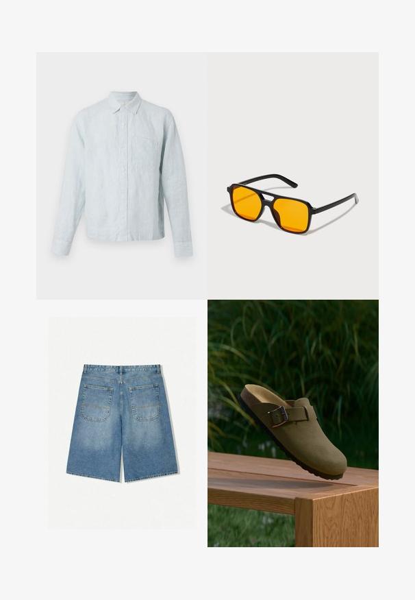 Chemise boutonnée à rayures bleu clair avec manches longues, poche poitrine unique et col classique, fabriquée en un tissu doux et texturé.; Shorts en denim bleu clair avec une coupe décontractée, dotés de deux poches arrière et de coutures visibles. Le tissu a une texture douce et lisse.; Sabot en daim vert olive avec une boucle, flottant au-dessus d'un banc en bois avec de l'herbe verte et des plantes en arrière-plan.; Lunettes de soleil rectangulaires noires avec des verres orange vifs. Elles présentent un design de pont unique et des branches élégantes, fabriquées à partir d'un matériau léger.