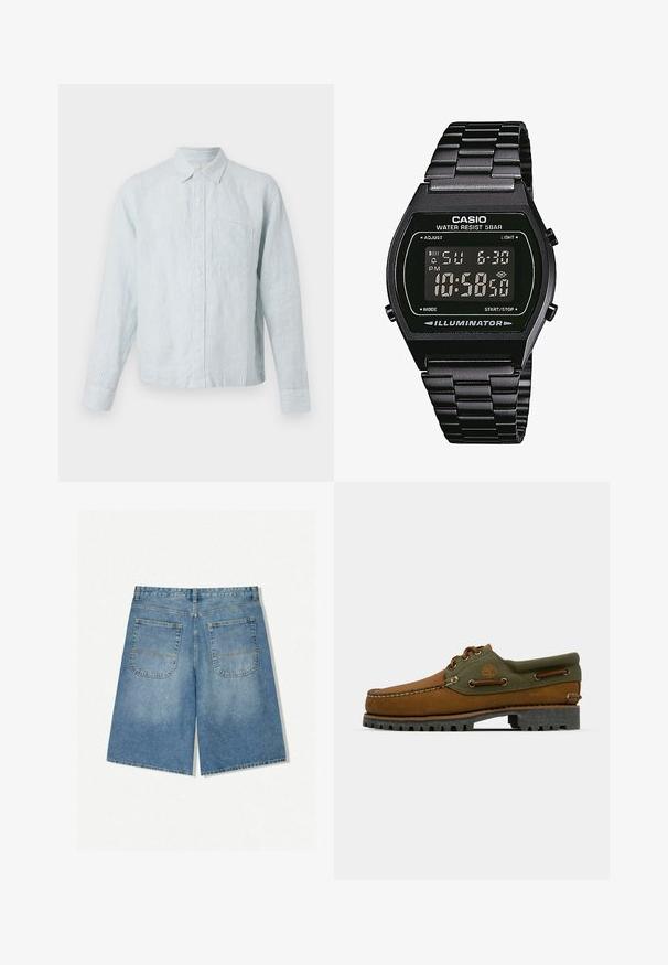 Svetlo modra prugasta srajca z gumbi z dolgimi rokavi, enim žepom na prsih in klasičnim ovratnikom, izdelana iz mehkega strukturiranega materiala.; Denim kratke hlače v svetlo modri barvi s sproščenim krojem, ki imajo dve zadnji žepu in vidne šive. Tkanina ima mehak in gladek teksturo.; Benešabna usnjena čevlja z zelenimi tekstilnimi akcenti. Ima moccasin obliko,刺刺刺刺刺刺刺刺刺刺刺刺刺刺刺刺刺刺刺刺刺刺刺刺刺刺刺刺刺刺刺刺刺刺刺刺刺刺刺刺刺刺刺刺刺刺刺刺刺刺刺刺刺刺刺刺刺刺刺刺刺刺刺刺刺刺刺刺刺刺刺刺刺刺刺刺刺刺刺刺刺刺刺刺刺刺刺刺刺刺刺刺刺刺刺刺刺刺刺刺刺刺刺刺刺刺刺刺刺刺刺刺刺刺刺刺刺刺刺刺刺刺刺刺刺刺刺刺刺刺刺刺刺刺刺刺刺刺刺刺刺刺刺刺刺刺刺刺刺刺刺刺刺刺刺刺刺刺刺刺刺刺刺刺刺刺刺刺刺刺刺刺; Digitalna ročna ura s črnim nerjavečim jeklenim trakom, kvadratnim črnim številčnico, belimi številkami, vodoodporno do 5 barov in z osvetlitveno funkcijo.