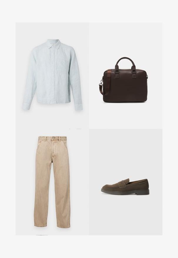 Camicia azzurro chiaro a righe, con maniche lunghe, taschino sul petto e colletto classico, realizzata in un tessuto morbido e con texture.; Jeans in denim beige con un design a gamba dritta, dotati di tasche frontali, chiusura con bottone metallico e una texture delicata.; Mocassino in suede marrone con punta arrotondata, una fascia sulla parte superiore e suola in gomma piatta. Design semplice con linee pulite e dettagli minimi.; Borsa per laptop in pelle marrone con superficie texturizzata, doppi manici superiori, cinturino regolabile e due fibbie frontali per un tocco di originalità.