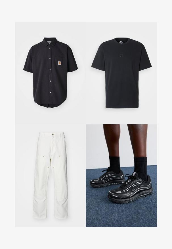 Kortærmet, knappet skjorte i struktureret mørkeblå stof, der har en brystlomme fortil med en firkantet logo-patch og hvide knapper.; Nike sort bomulds t-shirt med en klassisk rund hals, korte ærmer og et diskret, præget logo på brystet. Glat tekstur.; Hvide bomulds cargo bukser med en afslappet pasform. Funktioner inkluderer for- og baglommer, guldfarvede hardware detaljer og forstærkede knæsektioner.; Sorte Nike sko har et mesh-overdel med accentstriber, tekstureret snørering og en sort gummisål. Båret med sorte ribbede sokker.