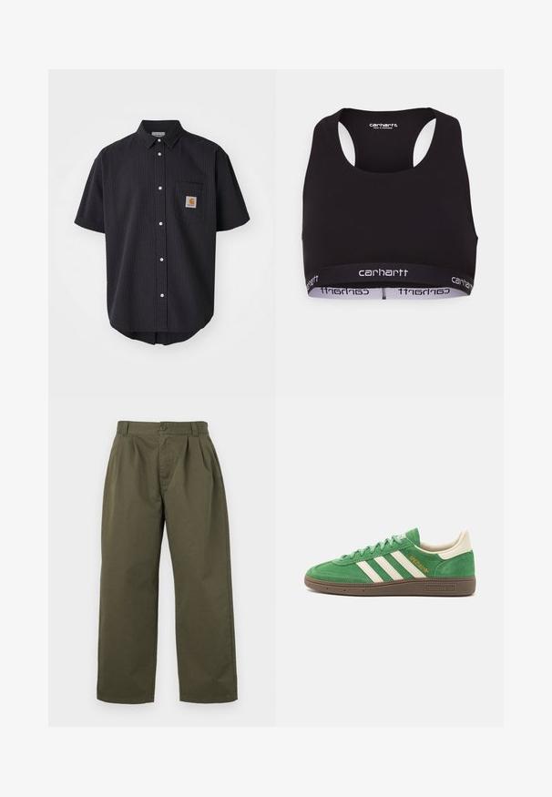 Camicia a maniche corte con bottoni in tessuto texture blu navy scuro, dotata di taschino anteriore con una patch quadrata e bottoni bianchi.; Top sportivo nero con scollatura rotonda e design a corsetto. Caratterizzato da un cinturino rinforzato con il marchio "carhartt" in bianco. Tessuto morbido.; Pantaloni in cotone verde oliva, con taglio dritto, pieghe frontali e chiusura con bottone in vita. Senza tasche visibili.; Sneaker verde in suede con design a tre strisce bianche, dettagli panna e suola marrone texturizzata. "SPEZIAL" ricamato in oro sul lato.