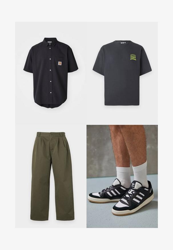 Korte mouwen, overhemd met knopen in een gestructureerde donkerblauwe stof, met een voorzak op de borst met een vierkant logo-patch en witte knopen.; Koolgrijze Adidas T-shirt met korte mouwen en een kleine neon groene graphic van luidsprekers, zon en het Adidas-logo op de linkerkant van de borst.; Olijfgroene katoenen broek met een rechte snit, voorplooien en een knoopsluiting bij de taille. Geen zichtbare zakken.; Zwart-witte sneakers met een bovenwerk van suede en leer, voorzien van drie witte strepen, een geperforeerde neus en een rubberen gumzool.