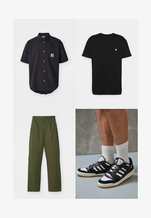 Īsām piedurknēm, ar pogām aizdaram krekls no teksturēta tumši zilā auduma, kuram ir priekšā krūšu kabata ar kvadrāta formas logo uzlīmi un baltām pogām.; Melna kokvilnas T-kreklā īsas piedurknes, apaļa apkakle un neliels dzeltenais logotips kreisajā krūtī. Vienkāršs dizains un parasta paveida.; Olīvzaļas augstas vidukļa bikses ar taisnu kāju dizainu. Izgatavotas no viegla auduma, ar priekšu krokām un pogu aizdari.; Melnas un baltas kedas ar zamša un ādas augšdaļu, kas aprīkotas ar trim baltām svītrām, perforētu purngali un gumijas zolēm.