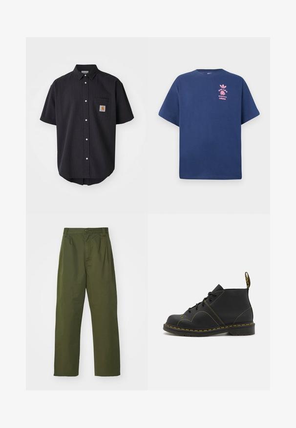 Kurzärmliges, kurz geschnittenes Hemd aus strukturiertem, dunkelblauem Stoff, mit einer Brusttasche vorne, die ein quadratisches Logopatch und weiße Knöpfe aufweist.; Navyblaues Baumwoll-T-Shirt mit kurzen Ärmeln, Rundhalsausschnitt und pinkem Grafikdesign, das das Adidas-Logo und ein Ananas-Motiv auf der Brust zeigt.; Olivgrüne, hochgeschnittene Hose mit geradem Bein. Hergestellt aus einem leichten Stoff, mit Vorderfalten und einem Knopfverschluss.; Schwarze Ankle Boots aus glattem Leder mit gelben Nähten, runder Zehenform, Schnürung an der Vorderseite und einem Zugtab am Hinterkopf.