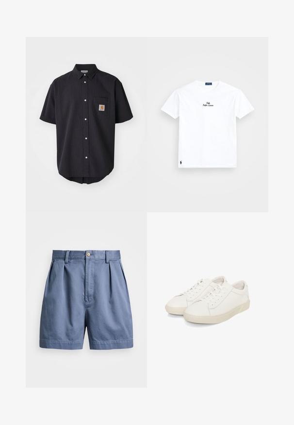 Camisa de botones de manga corta en tejido texturizado azul marino oscuro, con un bolsillo en el pecho delantero que cuenta con un parche de logo cuadrado y botones blancos.; Camiseta de algodón blanca con cuello redondo, mangas cortas, logo negro bordado de "Polo Ralph Lauren" en el pecho y pequeño logo negro en el dobladillo.; Pantalones cortos de algodón azul claro con pliegues, un solo botón de madera y una textura suave. Piernas de corte recto y acabado de dobladillo simple.; Zapatillas de cuero blanco con una textura suave, con punteras redondas, diseño con cordones y una suela de goma ligeramente elevada.