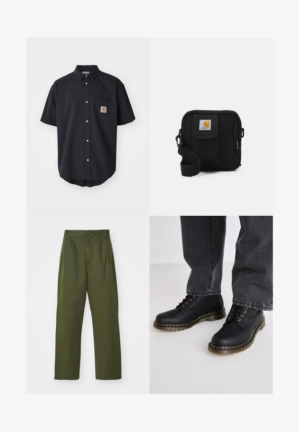 Kortærmet, knappet skjorte i struktureret mørkeblå stof, der har en brystlomme fortil med en firkantet logo-patch og hvide knapper.; Olivengrønne, høj talje bukser med lige ben design. Fremstillet af et letvægtsmateriale, med frontplisser og knaplukning.; Sorte læder snørebåndsstøvler med tekstureret finish, tyk gummisål og gule syninger, parret med grå denimbukser.; Sort crossbody taske med et lynlåset hovedrum, frontlomme, justerbar strop og et synligt logo patch på klappen.