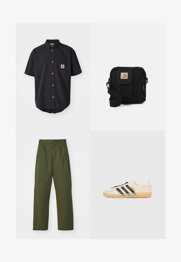Kortærmet, knappet skjorte i struktureret mørkeblå stof, der har en brystlomme fortil med en firkantet logo-patch og hvide knapper.; Olivengrønne, høj talje bukser med lige ben design. Fremstillet af et letvægtsmateriale, med frontplisser og knaplukning.; Lys cremefarvet sneaker med sort tre-stribe-design, tekstureret overdel, rund tå og gummisål. Har snørebånd og branding på siden.; Sort crossbody taske med et lynlåset hovedrum, frontlomme, justerbar strop og et synligt logo patch på klappen.