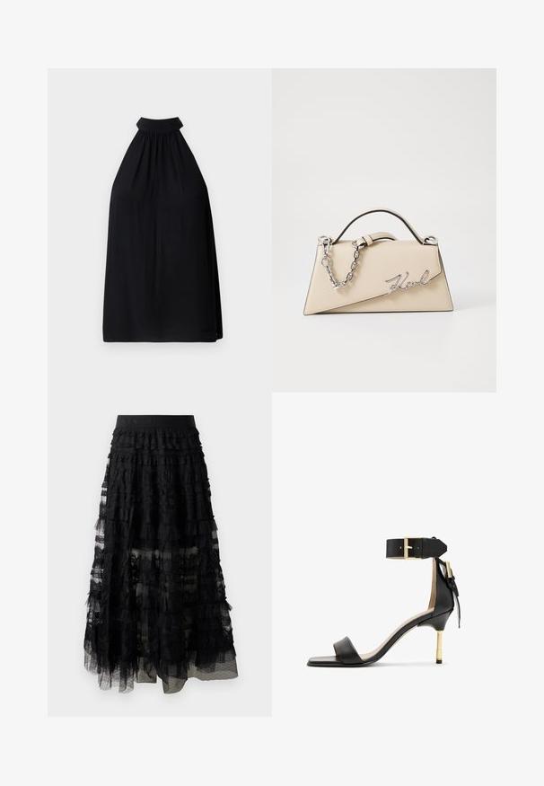 Svart halterneck-top laget av lett stoff. Har høy hals og rynkedetaljer som skaper en løs og flytende silhuett.; Svart, lagdelt blonderett skjørt med volanger, med en bred livlinje og gjennomskinnelige lag. Strukturert blonder og prikkete overlegg.; Svarte lær høyhælte sandaler med firkantet tå, ankelrem med gullspenne, og en slank metallhæl. Glatt tekstur, minimalistisk design.; Beige lærveske med en strukturert, trekantet form, som har et sølvfarget kjedehåndtak og en skrifttype-logo i metall.