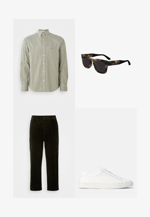 Camicia a maniche lunghe a quadretti verdi e bianchi con colletto button-down, dotata di una piccola tasca sul petto e bottoni bianchi.; Pantaloni in corduroy verde scuro con taglio dritto, dotati di tasche frontali, chiusura con bottone e tessuto testurizzato.; Sneakers bianchi in pelle con texture liscia, forma arrotondata, suola piatta in gomma e lacci bianchi. Presentano un design minimalista e un branding sottile.; Occhiali da sole con motivo tartaruga, montatura nera spessa e lenti scure. Presentano un logo Calvin Klein sull'astina. Design angolare.