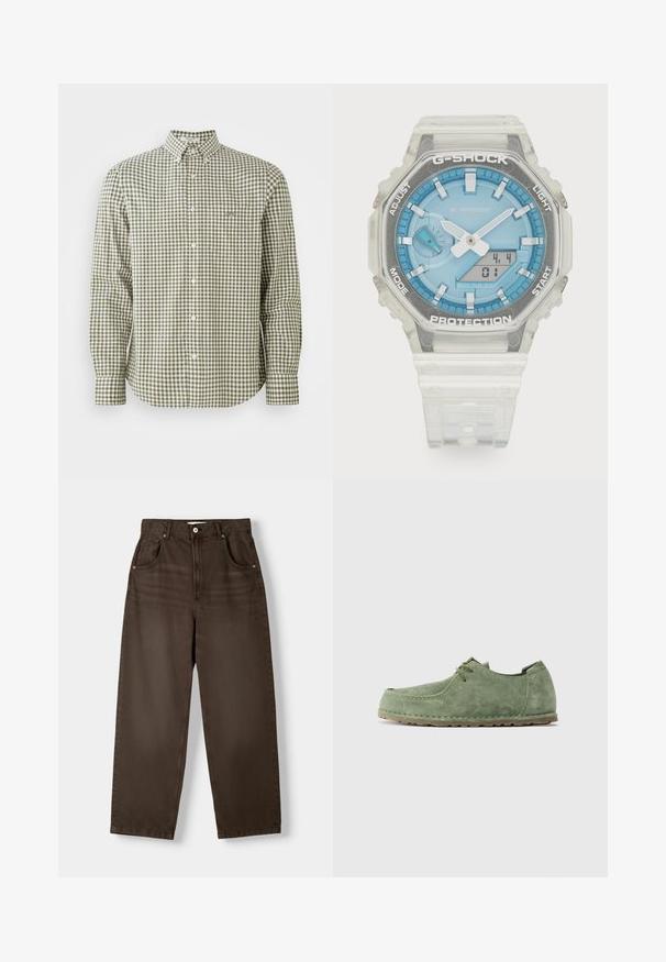 Vihreä ja valkoinen ruudullinen pitkähihainen paita, jossa on nappikaulus, pieni rintatasku ja valkoiset napit.; Ruske, høyt liv bukser laget av denim, med to frontlommer, knappestenging og rett ben-design. Glatt tekstur.; Vihreä mokkanahkainen nauhakenkä, jossa on ommeltuja yksityiskohtia ja ruskea kumipohja, esitetty sivuprofiilissa yksinkertaisella taustalla.; G-Shock-kello, jossa on kirkas hartsikotelo, sininen kellotaulu, metalliset korostukset, digitaalinen näyttö ja teksturoidusta silikonista valmistettu ranneke. Vedenkestävä 20 baarin syvyyteen.