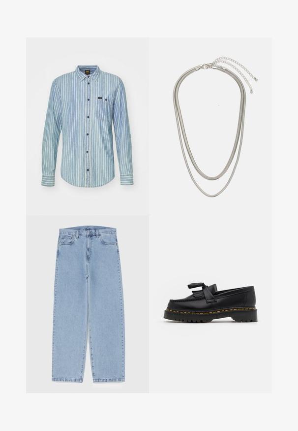 Camicia a maniche lunghe azzurro chiaro in denim, con strisce verticali bianche, colletto a punta, tasca frontale e bottoni scuri.; Jeans in denim azzurro chiaro con design a gamba dritta, caratterizzati da una vita media, cinque tasche e chiusura con bottone e zip.; Mocassino in pelle nera con un'accento a frange, dotato di una suola nera spessa e cuciture gialle lungo il bordo. Finitura testurizzata.; Collana in metallo argentato a tre strati caratterizzata da catene sottili e flessibili con una leggera lucentezza, fissata con un gancio a molla e una catena regolabile.