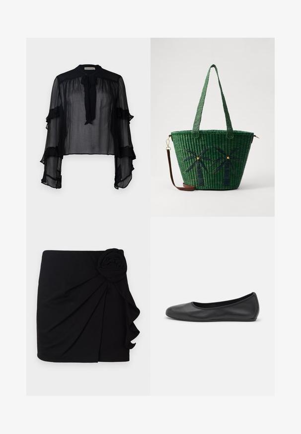 Blusa negra transparente con mangas largas y volantes, y un lazo en el cuello. Confeccionada con tejido ligero y un corte suelto, ideal para superponer.; Mini falda negra hecha de una tela suave con un diseño plisado. Cuenta con un acento de rosa de tela en un lado y un dobladillo con volantes.; Bailarina de piel negra con punta redondeada, textura suave, detalle de costura minimalista y diseño de suela flexible.; Bolsa de tote tejida verde con diseños de palmeras en verde más oscuro; cuenta con dos asas y una correa de cuero marrón desmontable.