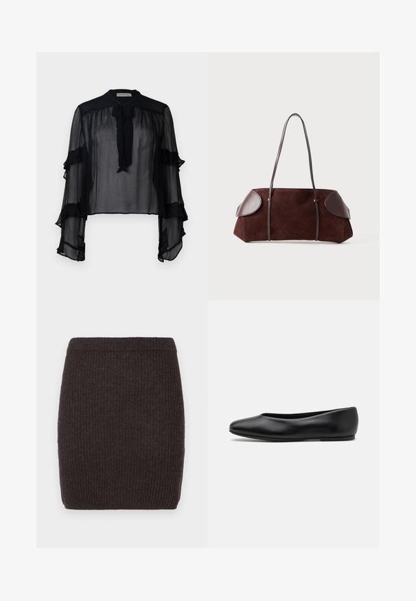Crna prozirna bluza s dugim, naboranim rukavima i vezicom oko vrata. Karakterizira ju lagani materijal i opušteni kroj, pogodan za slojevito kombiniranje.; Tamno smeđa rebrasta pletena suknja s prilagođenim dizajnom i elastičnim pojasom, koja ima glatku teksturu i bez vidljivih uzoraka ili akcenata.; Paul Smith TOPANGA - Balerinke - black; Smeđi luksuzni ručni rad s kožnim detaljima, strukturiranog oblika, s dvostrukim remenjem za rame i zaobljenim rubovima, s glatkom teksturom i minimalnim hardverom.