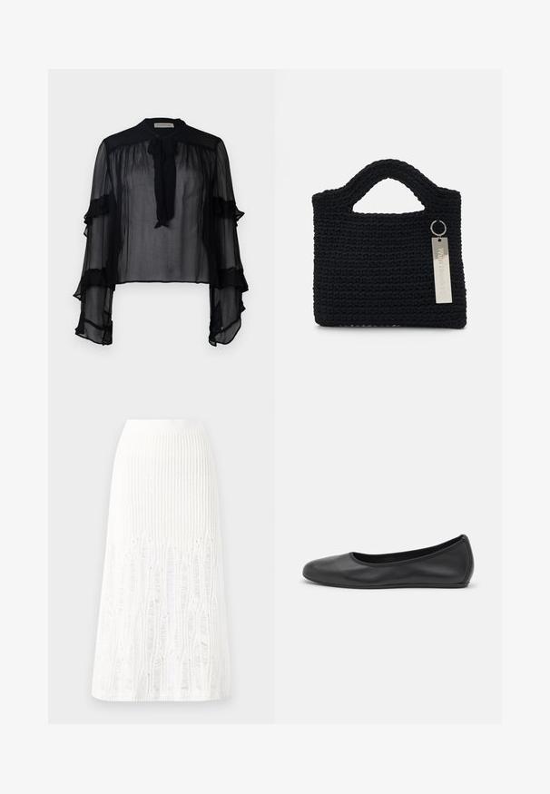 Blusa nera trasparente con maniche lunghe a ruches e colletto da annodare. Realizzata in tessuto leggero e con una vestibilità ampia, adatta per essere indossata a strati.; Gonna midi bianca in maglia con un motivo testurizzato a righe verticali e dettagli a taglio vicino all'orlo. Vita elasticizzata. Materiale morbido.; Pantofole da balletto nere in pelle con punta arrotondata, texture liscia, dettagli di cucitura minimi e design con suola flessibile.; Won Hundred MARSIELLE COMPUTER BAG UNISEX - Borsa porta PC - black