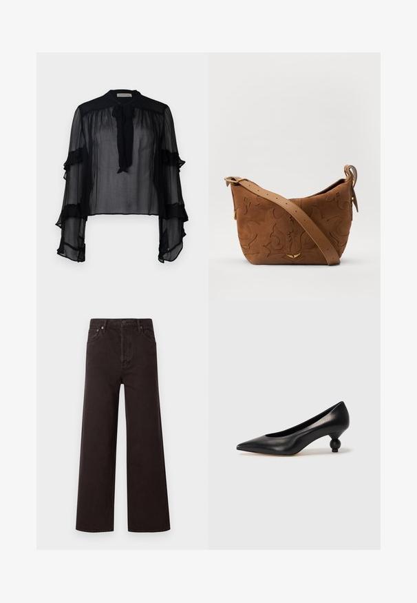 Černá průsvitná blůza s dlouhými volánkovými rukávy a zavazováním u krku. Vyznačuje se lehkým materiálem a volným střihem, ideální pro vrstvení.; Černé džíny s širokými nohavicemi a vysokým pasem, vyrobené z denimu. Mají pět kapes a kovové knoflíky, hladkou texturu a klasický design.; Černá kožená vysoká bota na podpatku s špičatou špičkou a kulatým, zaobleným podpatkem. Hladká textura s elegantním, minimalistickým designem.; Hnědá semišová kabelka přes rameno s embosovaným květinovým vzorem, doplněná hladkým hnědým koženým popruhem a kovovými akcenty ve zlatém tónu.