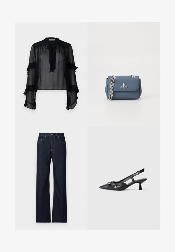 Črna prosojna bluzica z dolgimi, nabranimi rokavi in vratnim trakom. Ima lahkotno tkanino in ohlapen kroj, primeren za plastično oblačenje.; Temno modre kavbojke s ravnim krojem, opremljene s petimi žepi, kontrastnim rumenim šivanjem in kovinskim gumbom za zapiranje.; Črne usnjene sandale središnje zaponke z ostro konico, okrasnimi trakovi z kovinskimi očesi in nizko blokasto peto. Teksturirana površina.; Modra textured umetna usnjena torbica z srebrno verigo in logotipom na sprednji strani. Zapiranje na sponko z obstojno zasnovo.