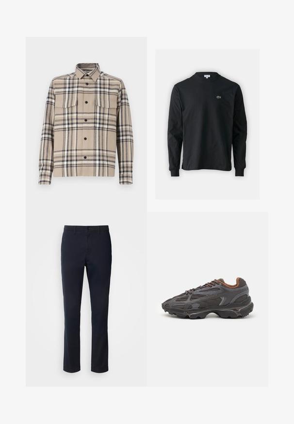 Beige rutigt skjortjacka tillverkad av vävt tyg, med två bröstfickor, knäppning med knappar och svarta accenter i rutmönstret.; Svart långärmad t-shirt i bomull, med rund halsringning och en liten grön broderad krokodil-logotyp på vänster bröst.; Mörkblå byxor i slätt tyg, med rak bendesign, bälteshällor och knappstängning med dragkedja.; Lacoste-sneakers i mörkgrått med nät och syntetmaterial, med en strukturerad sula och bruna detaljer på kragen och varumärket.