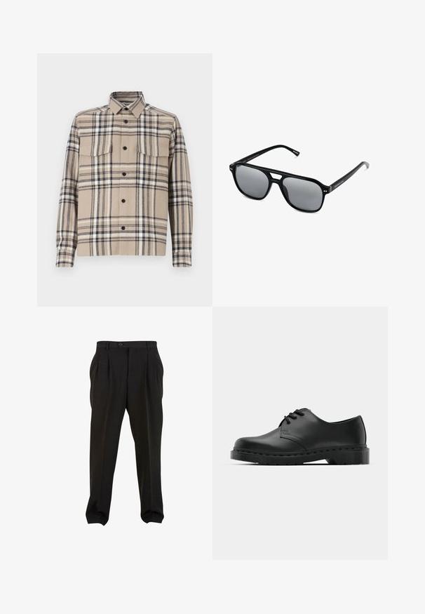 Beige geruite shirtjack gemaakt van geweven stof, met twee borstzakken, knoopsluiting en zwarte accenten in het ruitpatroon.; Zwarte broek van gladde stof, met voorplooien, een knopenband en taps toelopende enkelboorden. Klassieke taillering.; Zwarte leren oxford schoenen met vetersluiting, ronde neus, platte rubberen zool en subtiele stiksel details langs het bovenwerk.; Zwarte zonnebril met rechthoekige montuur, grijs getinte glazen en een uitgesneden ontwerp bij de neusbrug. Strak, glanzend kunststof materiaal met smalle veren.