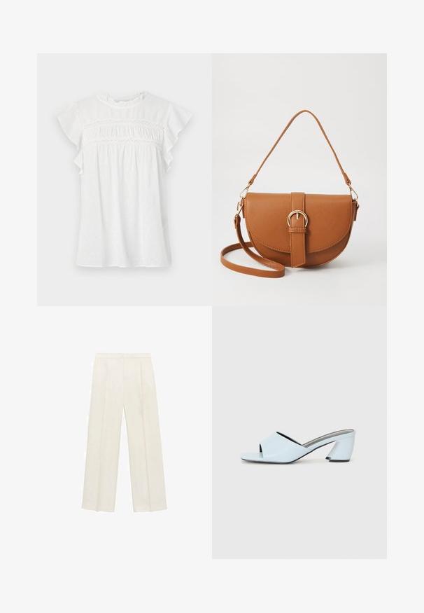 Witte blouse met korte mouwen, voorzien van ruches aan de mouwen, een geraffineerde voorkant met kanten details en een textuurpatroon op lichte stof.; Wijdgevallen broeken in een lichtcrème kleur. Gemaakt van een zachte stof met plooien aan de voorkant en zijzakken.; Lichtblauwe open teen hakmules met een geometrisch ontwerp, voorzien van een brede band over de voet en een forse, hoekige hak.; Bruine leren schoudertas met een gebogen vorm, gouden hardware en een gespaccent. Bevat een afneembare schouderriem.