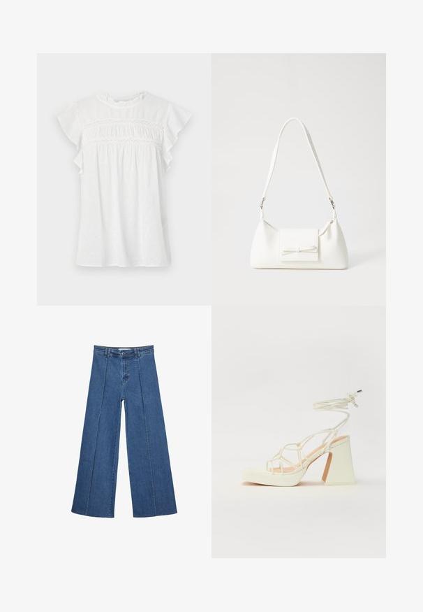 Blouse blanche à manches courtes, avec des manches volantes, un devant froncé avec des détails en dentelle, et un motif texturé sur un tissu léger.; Jeans en denim à jambes larges de couleur bleu moyen, présentant une taille haute, une fermeture à bouton et des détails de couture verticaux contrastants à l'avant.; Sandale blanche à talons hauts avec un talon épais, présentant un design à lanières et un lien autour de la cheville. Texture lisse avec une plateforme à l'avant pour une hauteur supplémentaire.; Sac à main synthétique blanc en forme triangulaire, avec un rabat avant plat et un détail en nœud, une bandoulière ajustable, une texture lisse et un design minimaliste.